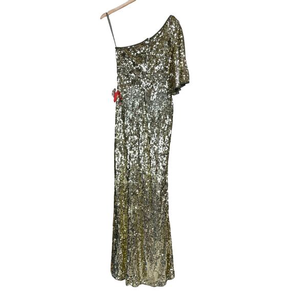 Mac Duggal NWT One Shoulder Bell Sleeve Sequin Gown Gold Size 6 Metallic Slit - Picture 4 of 11